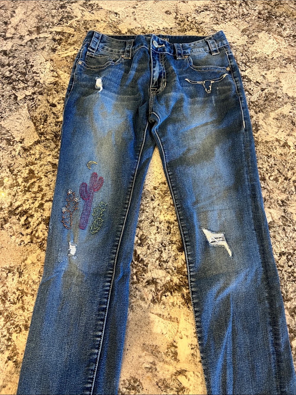 Rock & Roll Cowgirl Blue Slim Straight Jeans with Embroidered Cactus
